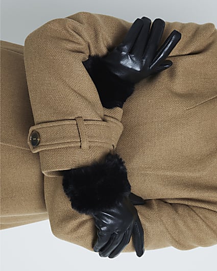 Black Faux Fur Trim Faux Leather Gloves