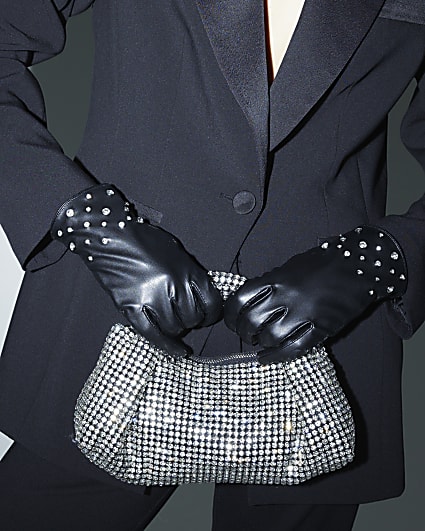 Black Diamante Faux Leather Gloves