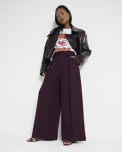 Petite red high waisted wide leg trousers