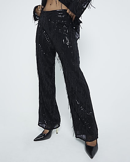 Petite Black Sequin Tailored Fringe Trousers