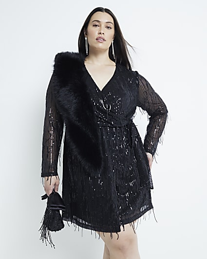 Plus Black Sequin Fringe Wrap Mini Dress