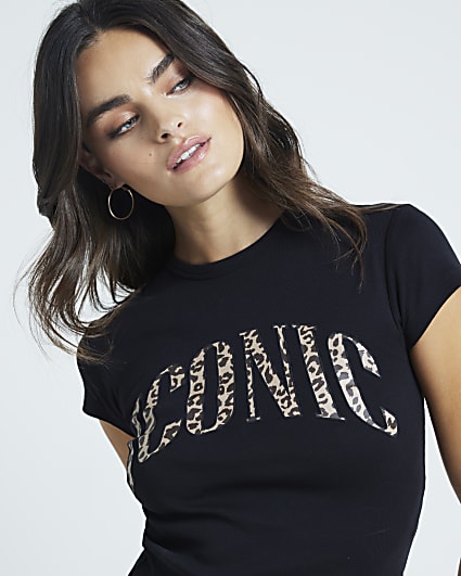 Black leopard print script t-shirt