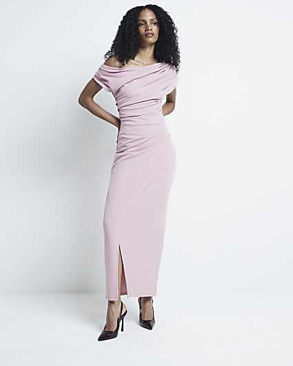 Pink drape off shoulder bodycon maxi dress