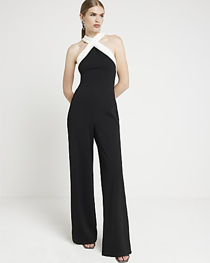 Black halter neck colour block jumpsuit