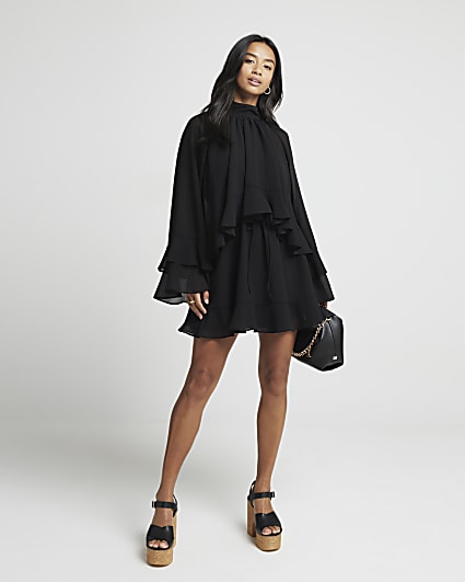 Petite Black Layered Ruffle Mini Dress