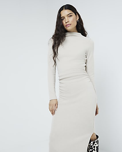 Beige Long Sleeved Ruched Midi Dress