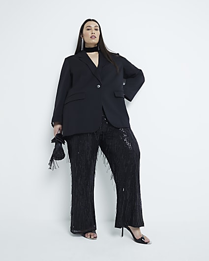 Plus Black Sequin Tailored Fringe Trousers