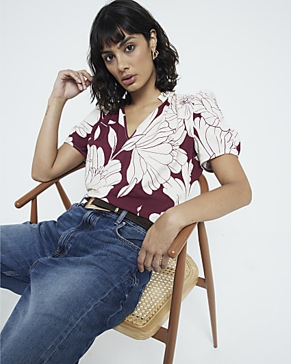 Red floral V neck blouse