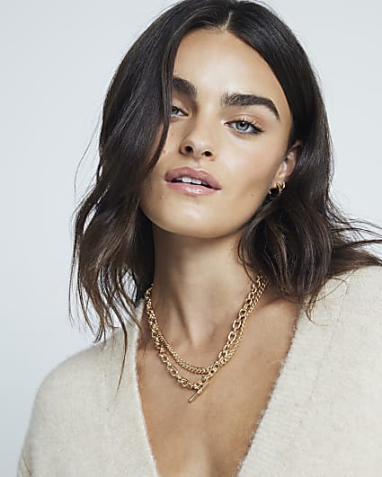 Gold chain t bar multirow necklace