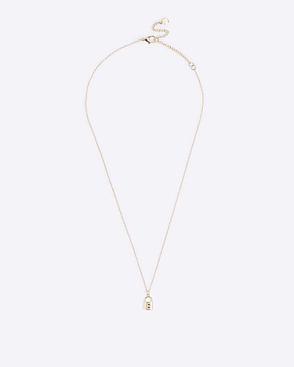 Gold E initial lock necklace