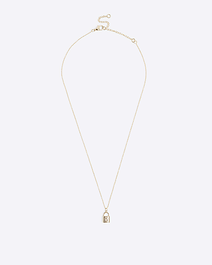 Gold R initial lock necklace