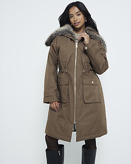 Petite Khaki Faux Fur Coat