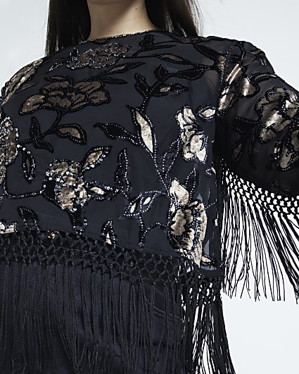 Plus Black Floral Devore Fringe Cape