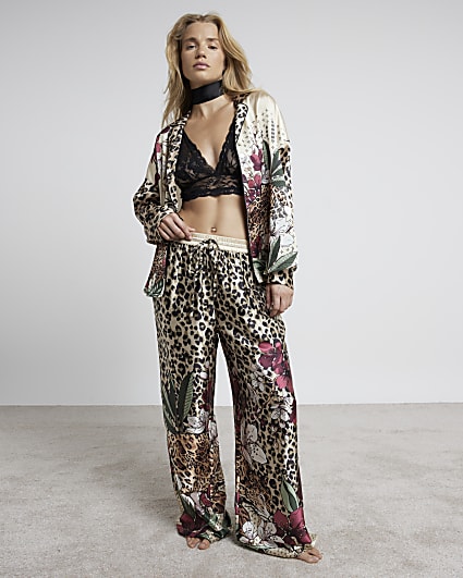 Brown Satin Leopard And Floral Pyjama Set