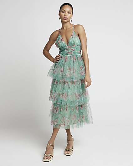 Green mesh floral tiered swing midi dress