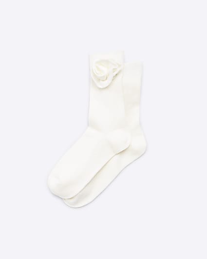 Cream Flower Knit Socks