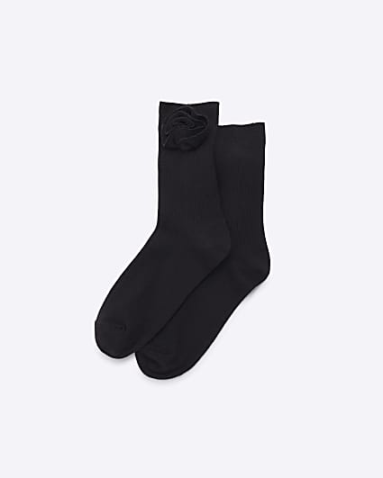 Black Flower Knit Socks