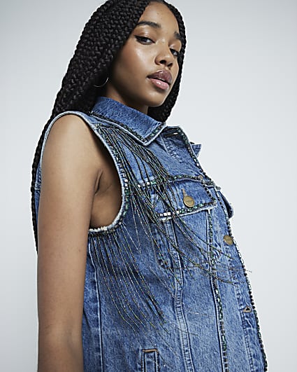 Blue Denim Fringed Sleeveless Jacket