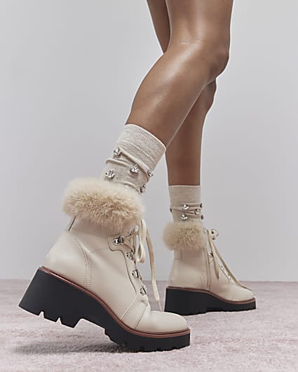 Cream Faux Fur Trim Wedged Hiking Boots