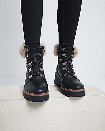 Black Faux Fur Trim Wedged Hiking Boots