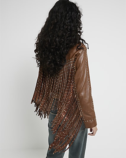 Brown Studded Fringed Leather Jacket