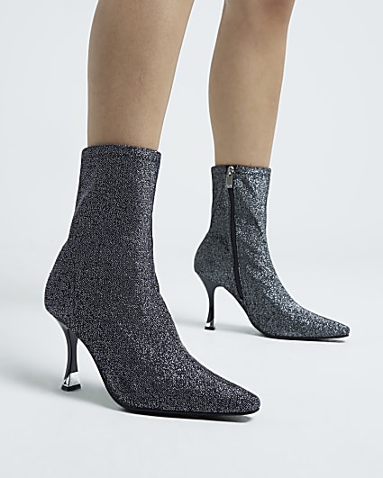 Silver Heeled Sock Ankle Boots