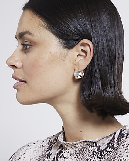 Silver hexagon mini hoop earrings