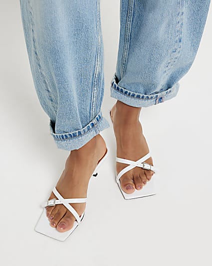 White leather Cross Strap Kitten Heel Sandals