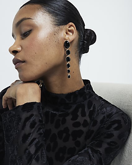 Black stone long drop earrings