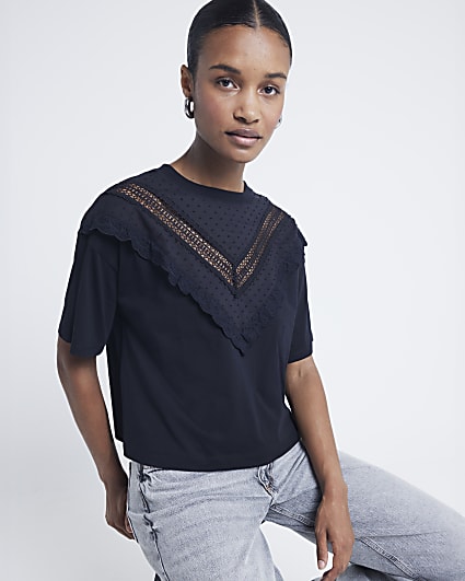 Black Chevron Lace Collar T-shirt