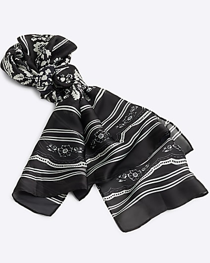 Black Floral Satin Scarf