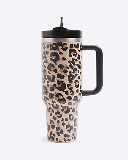 Brown Leopard Print Cup with Straw