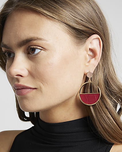 Red croc embossed panel circle earrings