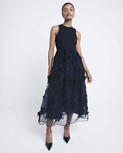 Black flower embellished skater midi dress