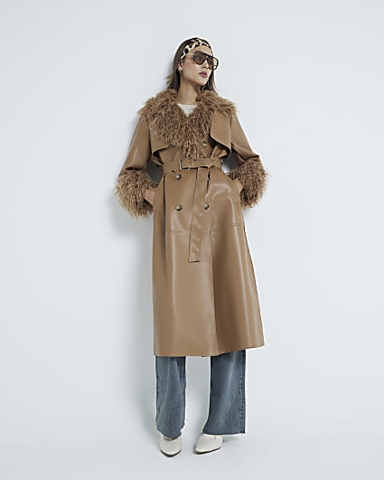 Brown Faux Fur Trim Faux Leather Trench Coat