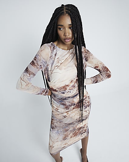 Brown Mesh Abstract Printed Drape Dress