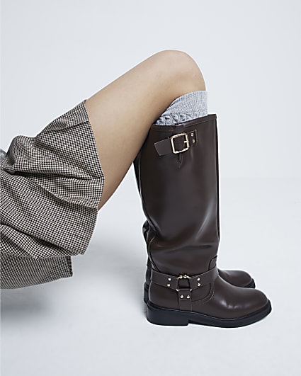 Brown High Leg Biker Boots