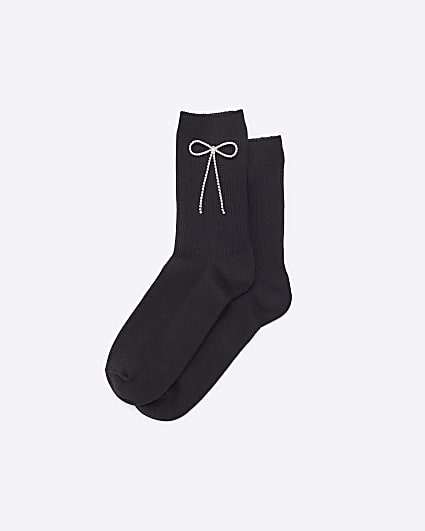 Black ribbed bow detail socks