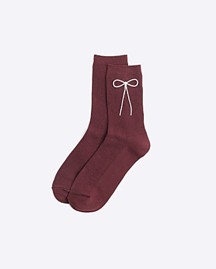 Red ribbed bow detail socks