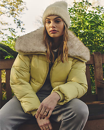 Yellow Padded Faux Fur Trim Bomber Jacket