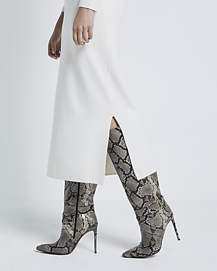 Beige Snake Buckle Knee High Heeled Boots