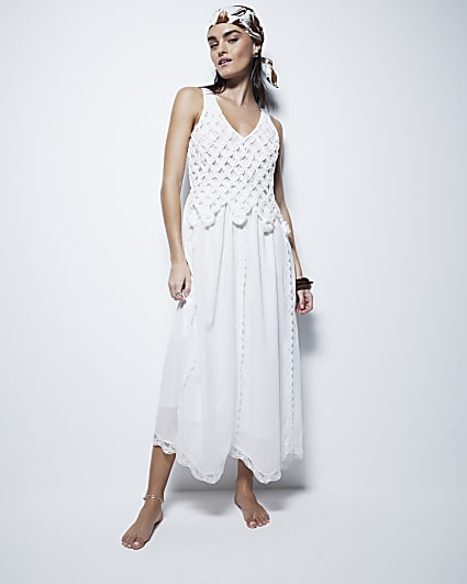 Cream Sleeveless Hybrid Crochet Shift Dress