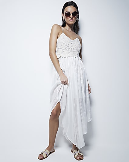 Cream Sleeveless Embroidered Midi Dress