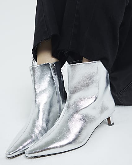 Silver Wide Fit Kitten Heel Ankle Boots