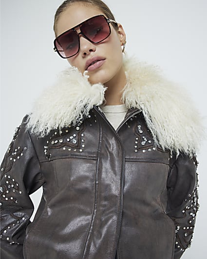 Brown Real shearling leather Bomber Jacket