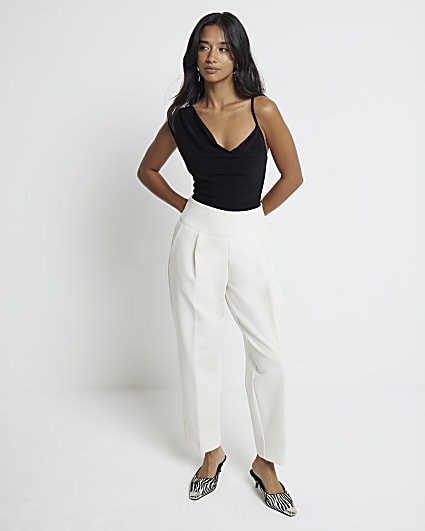 Petite cream high waisted straight trousers