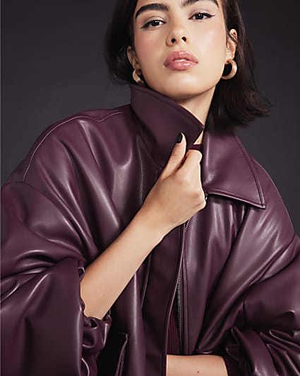 Red Faux leather Bomber Jacket