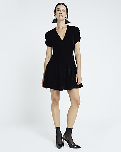 Black velvet v-neck mini dress