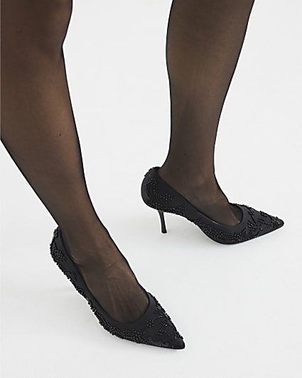 Black Satin Beaded Heeled Court Shoes