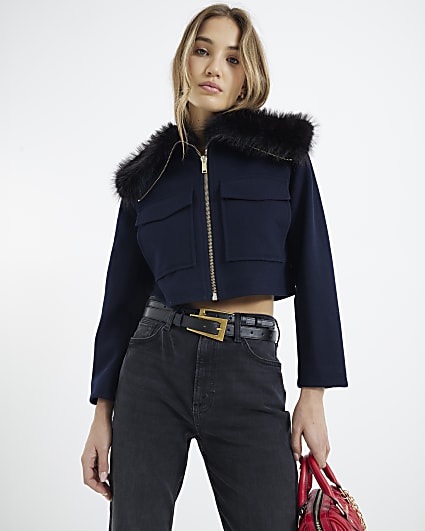 Navy Faux Fur Collar Cropped Jacket